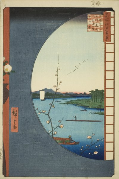Vista desde Massaki del Santuario Suijin, Inlet Uchigawa y Sekiya, de la serie "Cien Vistas Famosas de Edo" de Utagawa Hiroshige