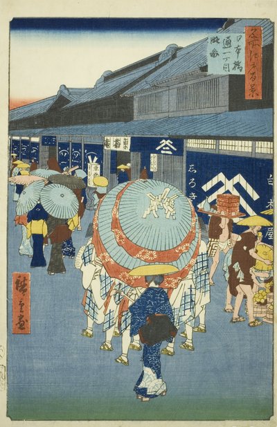 Vista de Nihonbashi Tori-itchome (Nihonbashi Tori-itchome ryakuzu), de la serie "Cien Vistas Famosas de Edo (Meisho Edo hyakkei)" de Utagawa Hiroshige