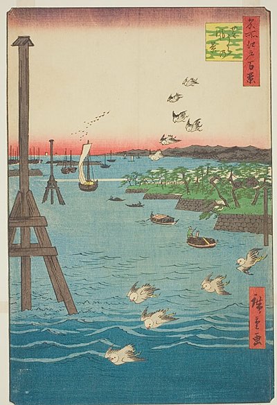 Vista de la costa de Shiba (Shibaura no kei), con tonos de agua azul claro, nº 108 de la serie Cien vistas famosas de Edo (Meisho Edo hyakkei). de Utagawa Hiroshige