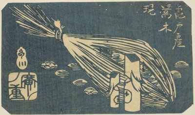Tallados de madera de ruiseñor y almejas de Kameido (Kameido san Uguisu ki shijimi), sección de una hoja de la serie "Recortes de lugares famosos en Edo (Harimaze Koto meisho)" de Utagawa Hiroshige
