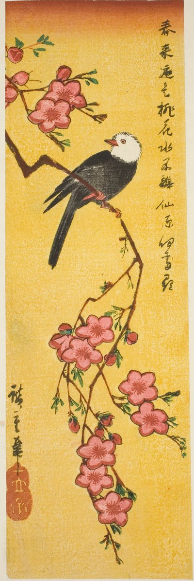 Pájaro de cabeza blanca en rama de durazno de Utagawa Hiroshige
