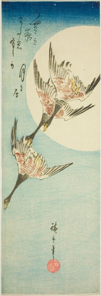 Gansos salvajes volando a través de la luna llena de Utagawa Hiroshige