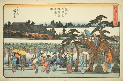 Glicinas en plena floración en los recintos del Santuario Kameido Tenmangu, de la serie "Lugares famosos recién seleccionados en Edo" de Utagawa Hiroshige