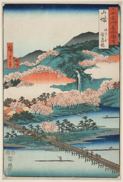 Provincia de Yamashiro: El puente Togetsu en el monte Arashi (Yamashiro, Arashiyama Togetsukyo), de la serie "Lugares famosos de las sesenta y tantas provincias (Rokujuyoshu meisho zue)". de Utagawa Hiroshige