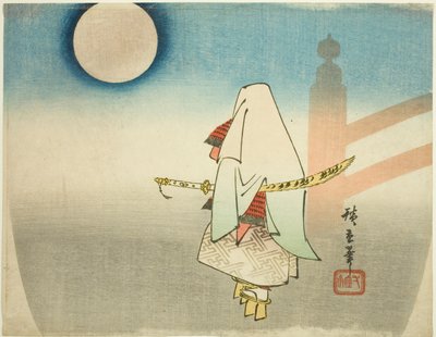 Yoshitsune espera a Benkei en el puente Gojo de Utagawa Hiroshige