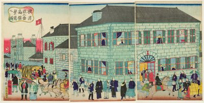 Un próspero edificio de comerciante americano en Yokohama (Yokohama asanban shokan hanei no zu) de Utagawa Hiroshige III