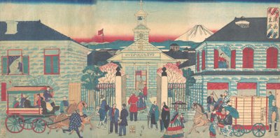 Ilustración de residencias extranjeras y la iglesia católica en Yokohama, 10º mes, 1870 de Utagawa Hiroshige III