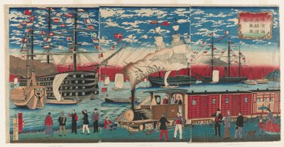 Imagen de una locomotora en el paseo marítimo de Yokohama, Yokohama, periodo Edo de Utagawa Hiroshige III
