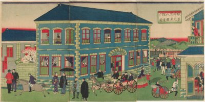 Imagen del tren de vapor de los establecimientos extranjeros de Yokohama, época Meiji de Utagawa Hiroshige III