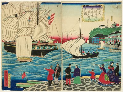 Vista verdadera de los edificios extranjeros a lo largo del paseo marítimo vistos desde los muelles de Yokohama de Utagawa Hiroshige III