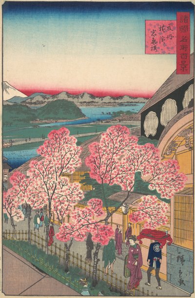 Entrada a la casa de té Gankiro en el distrito de Miyozaki, Yokohama, Bushu, 3er mes, 1859 de Utagawa Hiroshige II