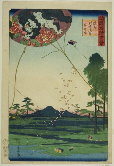 Cometas de Fukuroi y Vista Lejana de Akiba en la Provincia de Totomi, de la serie "Cien Vistas Famosas en las Varias Provincias" de Utagawa Hiroshige II