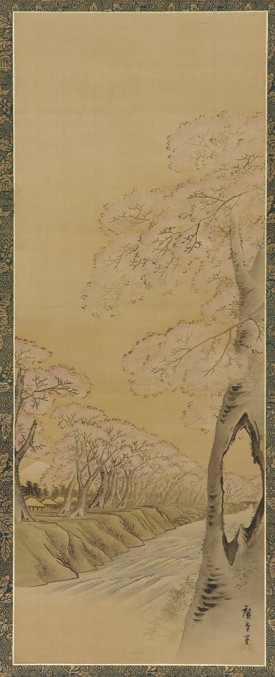 Paisaje: cerezos en flor a lo largo de las orillas de un arroyo, período Edo, 1615-1868 de Utagawa Hiroshige II