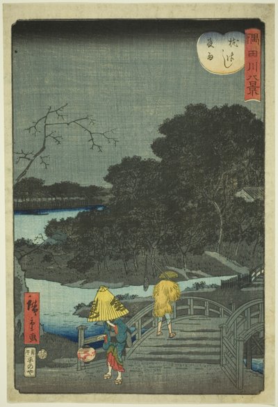 Lluvia Nocturna en el Puente Makura (Makurabashi yau), de la serie "Ocho Vistas del Río Sumida (Sumidagawa hakkei)" de Utagawa Hiroshige II