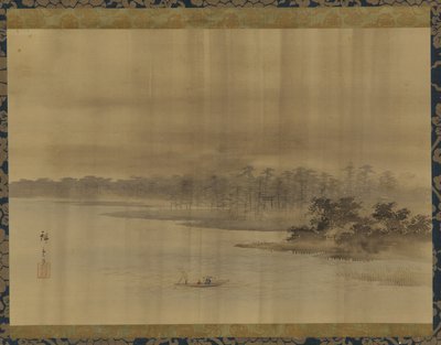 Paisaje fluvial y templo bajo la lluvia, período Edo, siglo XIX de Utagawa Hiroshige II