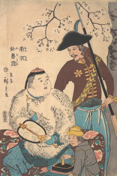 Rusos y un chino inscribiendo un abanico, 12º mes, 1860 de Utagawa Hiroshige II