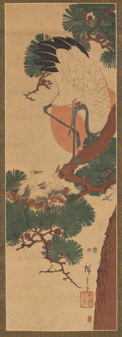 Cigüeña, sol y pino de Utagawa Hiroshige II