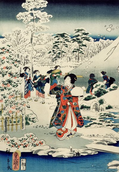 Criadas en un jardín cubierto de nieve de Utagawa and Hiroshige II Utagawa Kunisada