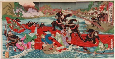 Fuerte batalla en tierra y mar en el río Taidong en Pyongyang, septiembre de 1894 (grabado en madera; tinta y color sobre papel) de Utagawa II Kunitora