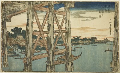 Luna crepuscular en el puente de Ryogoku (Ryogoku no yoizuki), c.1831 (xilografía en color; oban) de Utagawa I Hiroshige