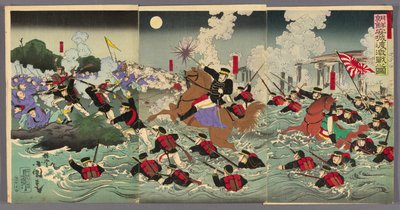 Feroz combate en el cruce de Anseong en Corea (Chosen Anjo watashi no gekisen no zu) de Utagawa Kokunimasa