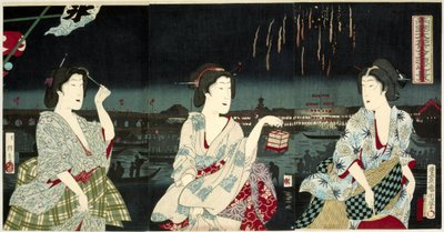 Disfrutando de la brisa nocturna durante los fuegos artificiales en Ryogoku
Ryogoku hanabi yusuzumi no kei (título en el objeto) de Utagawa Kunichika