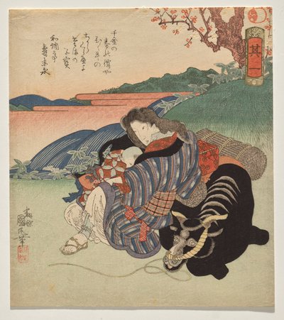 Una mujer y un niño descansando contra un buey. de Utagawa Kunimaru