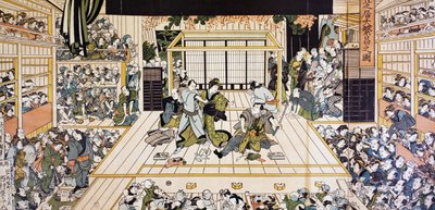 Actuación de teatro Kabuki en Edo, grabado de arte ukiyo-e por Utagawa Kunimaru (1794-1829), xilografía, civilización japonesa, período Edo de Utagawa Kunimaru
