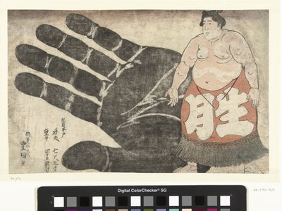 Ikezuki Geitazaemon junto a una huella de su mano de Utagawa Kunisada (I)