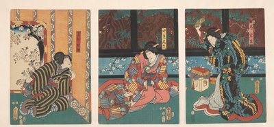 Escena de la obra La montaña del espejo Ohatsu espía pelea entre damas de honor de Utagawa Kunisada (I)