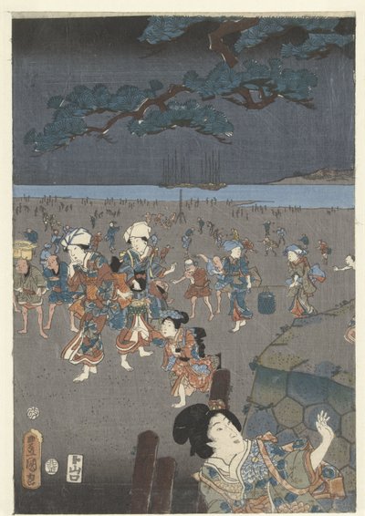 Recolección de conchas en la playa de Akashi. Akashi no ura shiogari no zu de Utagawa Kunisada (I)