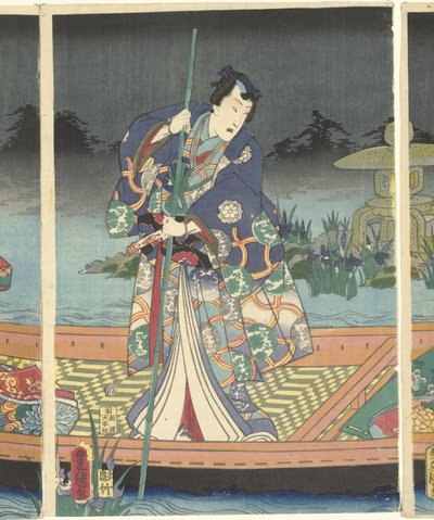 Oleadas enemigas se acercan al príncipe Genji moderno de Utagawa Kunisada (I)