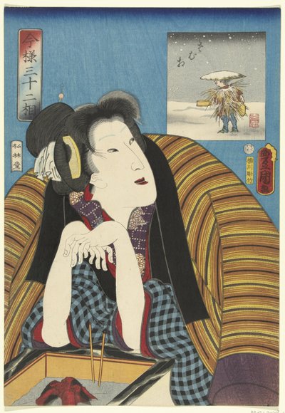 Mujer calentándose las manos con un hibachi 32 tipos modernos (título de la serie) Imayo sanjuniso (título de serie sobre objeto) de Utagawa Kunisada (I)