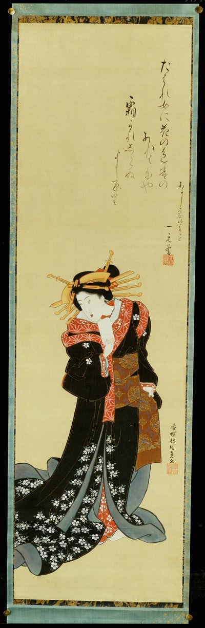 Cortesana de pie en un kimono negro con flores blancas sosteniendo un fajo de papel de Utagawa Kunisada