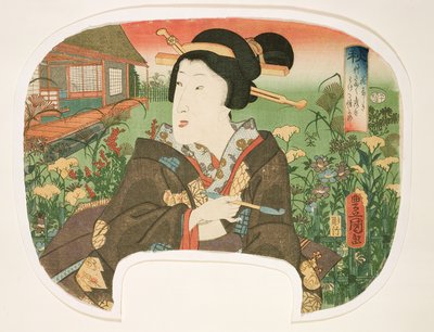 Otoño, Hanayashiki: Una geisha con una pipa, diseño para un abanico de un conjunto de cuatro que ilustran las estaciones de Utagawa Kunisada