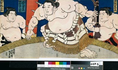 Ilustración del Dohyo-Iri del Gran Campeón Shiranui Dakuemon, publicado por Yamaguchiya Tobie de Utagawa Kunisada