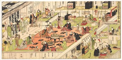 Una función con todas las entradas vendidas se celebra entre bastidores en el teatro kabuki Nakamura de Utagawa Kunisada