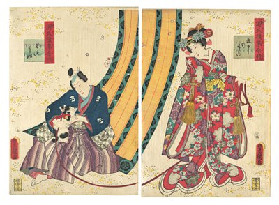 Parodia de la Tercera Princesa y Kashiwagi: Capítulo 50: Una cabaña en el este, 1858, segundo mes de Utagawa Kunisada