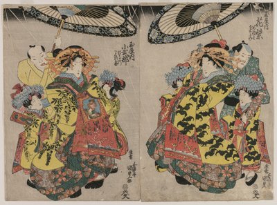 Las Cortesanas Hanamurasaki y Koshikibu del Tamaya Paseando bajo la Lluvia de Utagawa Kunisada