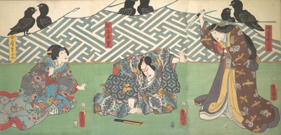 Tres actores en el escenario: Kumagai Naozane, 1858 de Utagawa Kunisada