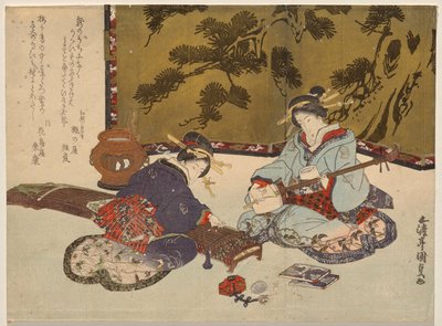 Dos cortesanas tocando instrumentos musicales de Utagawa Kunisada