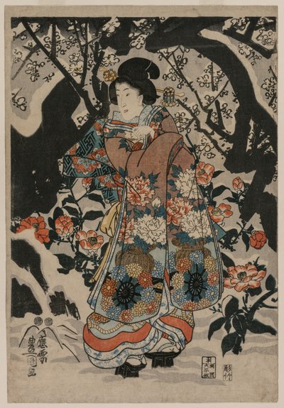 Mujer de pie junto a un ciruelo, c. 1850 de Utagawa Kunisada