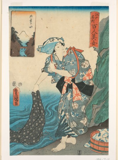 Mujer lavando tela en un arroyo de Utagawa Kunisada