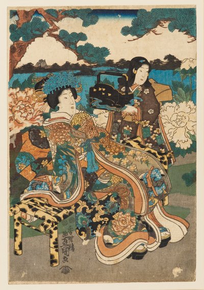Impresión en madera - Cortesana y criada de Utagawa Kunisada