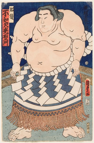 Retrato del luchador de sumo Shiranui Mitsuemon (1825-1879) con un delantal ritual de Utagawa Kunisada II