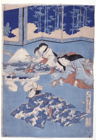 Bienvenida a la primavera con una reunión de flores (Hana Soroi Haru No Taimen) (xilografía en color) de Utagawa Kunisada II