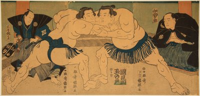 Combate de luchadores de sumo, Tagasugo contra Ayusegawa de Utagawa Kuniteru