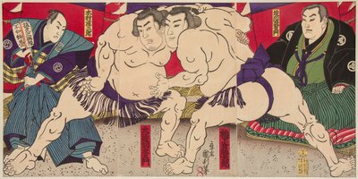 Combate de los luchadores de sumo Umegatani Rodachi y Kimura Shonosuke. Estampe de Utagawa Kunitoshi (1847-1899), vers 1885 - Combate de lucha libre Umegatani Rodachi vs Kimura Shonosuke, por Kunitoshi, Utagawa (1847-1899). Grabado en color, hacia 1885. Di de Utagawa Kunitoshi
