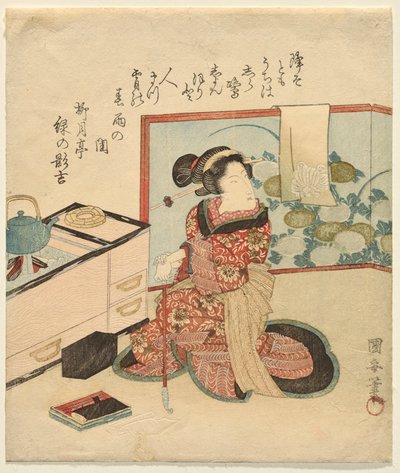 mujer, esperar, reclinado, tubo de Utagawa Kuniyasu