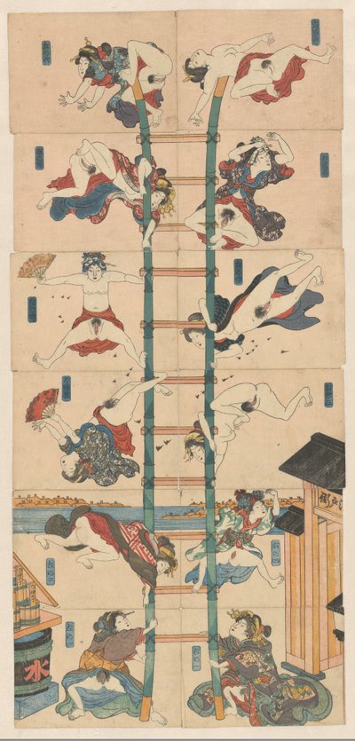Serie de doce koban Shunga con prostitutas en el papel de bomberos acrobáticos de Utagawa Kuniyoshi (school of)